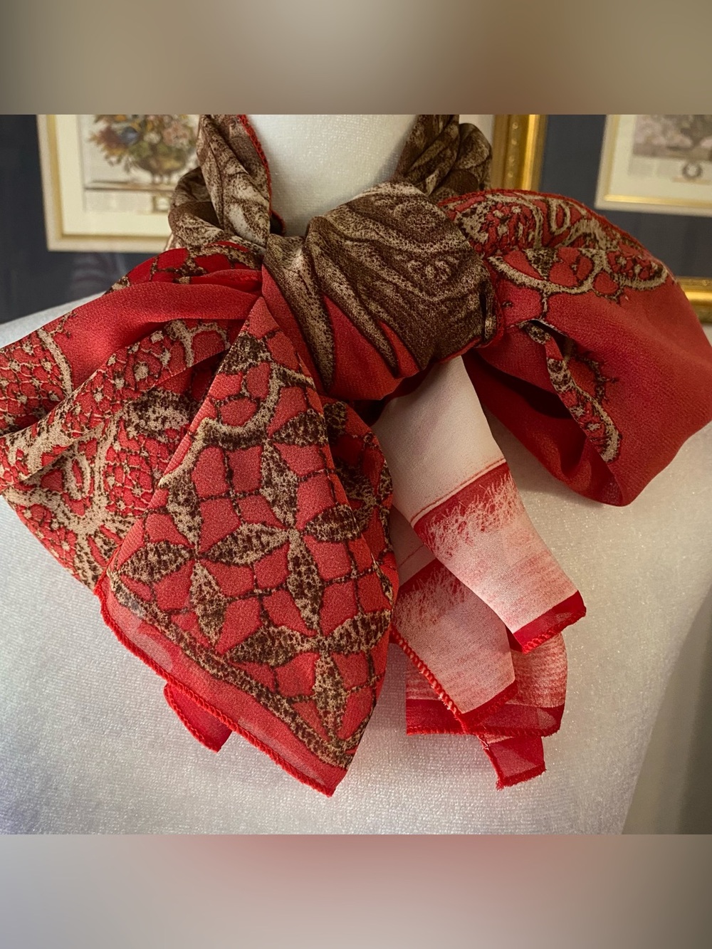 Vintage Sheer Chiffon Scarf Wrap Red Brown Floral Abstract 60x20" Boho Batik